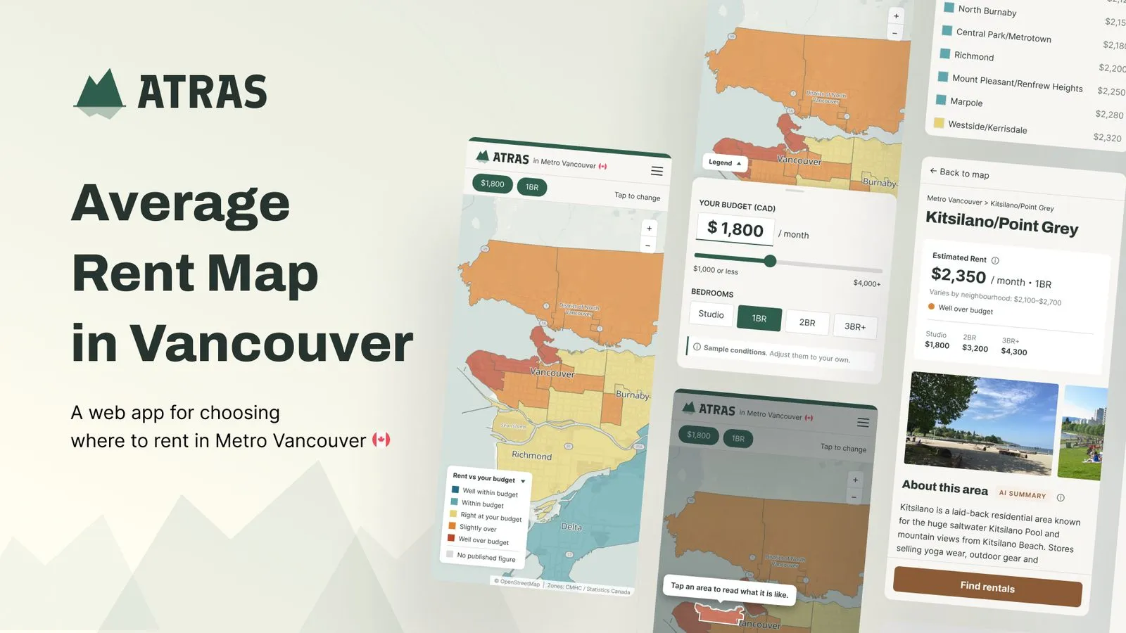 ATRAS logo next to phone screens of a colour-coded rent map of Metro Vancouver