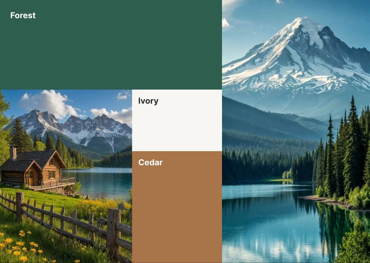 Moodboard with forest green, ivory and cedar colours and photos of Canadian lakes and mountains