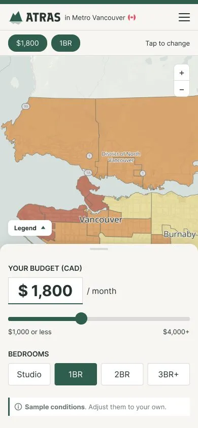 Phone screen: setting the budget and bedrooms