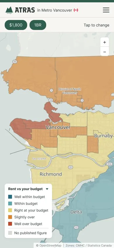 Phone screen: the map coloured by budget